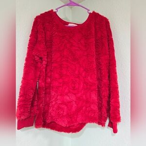 FAIR HAVEN Top Women's M Red 3D Rose Soft Sherpa Pullover Floral Texture Sweater